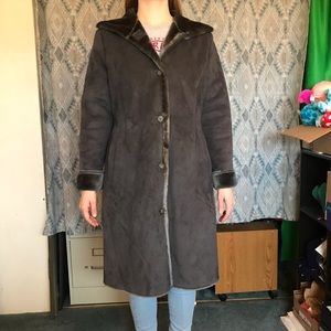Women's Jones New York Medium Grey Suede Faux Fur Button Up Winter Coat
